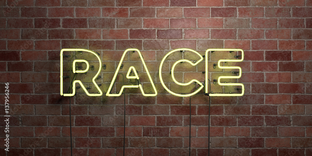 Fototapeta premium RACE - fluorescent Neon tube Sign on brickwork - Front view - 3D rendered royalty free stock picture. Can be used for online banner ads and direct mailers..