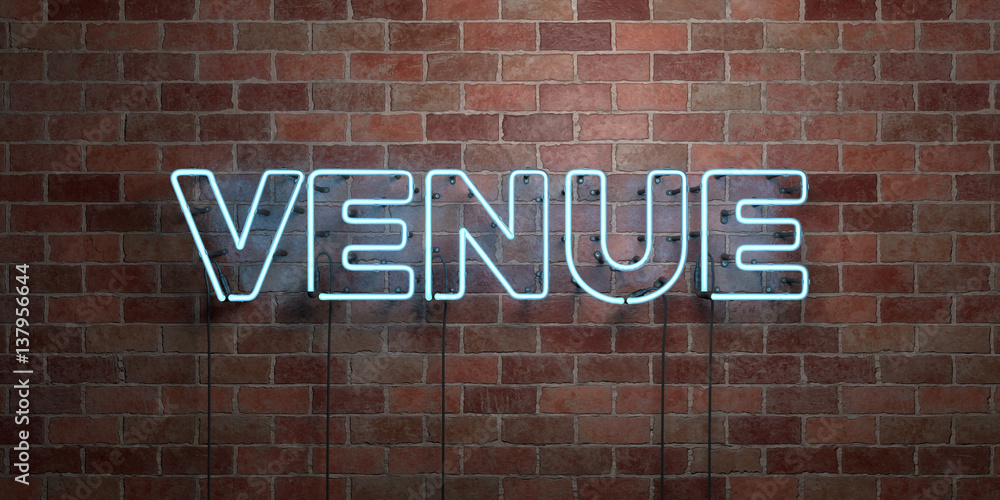 Obraz premium VENUE - fluorescent Neon tube Sign on brickwork - Front view - 3D rendered royalty free stock picture. Can be used for online banner ads and direct mailers..