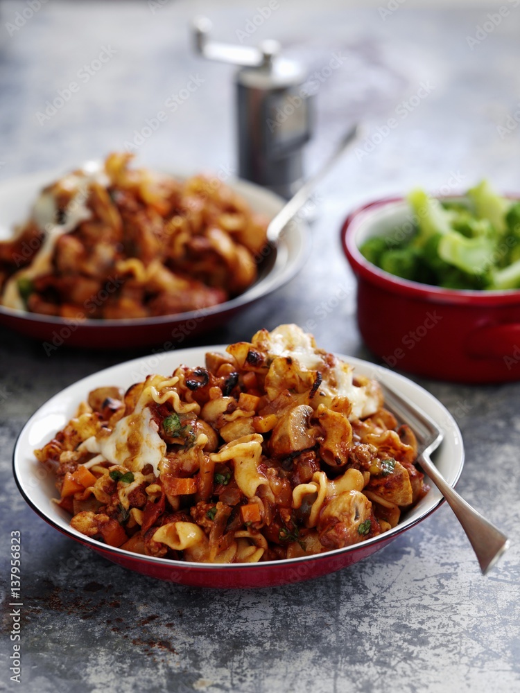 Pasta bake with bolognese sauce and mozzarella Pasta bake with bolognese sauce and mozzarella