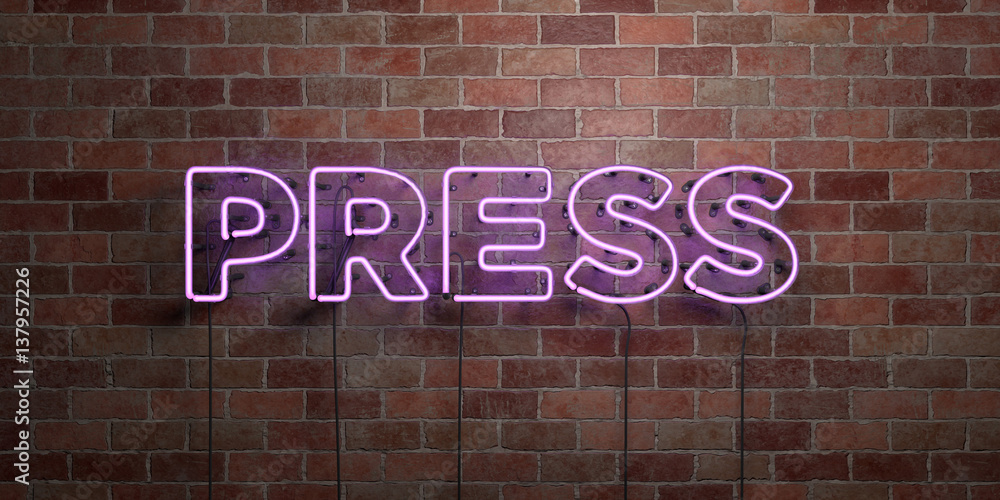 Fototapeta premium PRESS - fluorescent Neon tube Sign on brickwork - Front view - 3D rendered royalty free stock picture. Can be used for online banner ads and direct mailers..