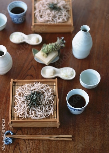 Zaru soba & tsuya (cold buckwheat noodles with soy sauce, Japan) photo