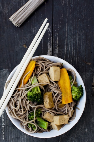 Yaki Soba (stir-fried soba noodles, tofu, broccoli and carrots, Japan) photo