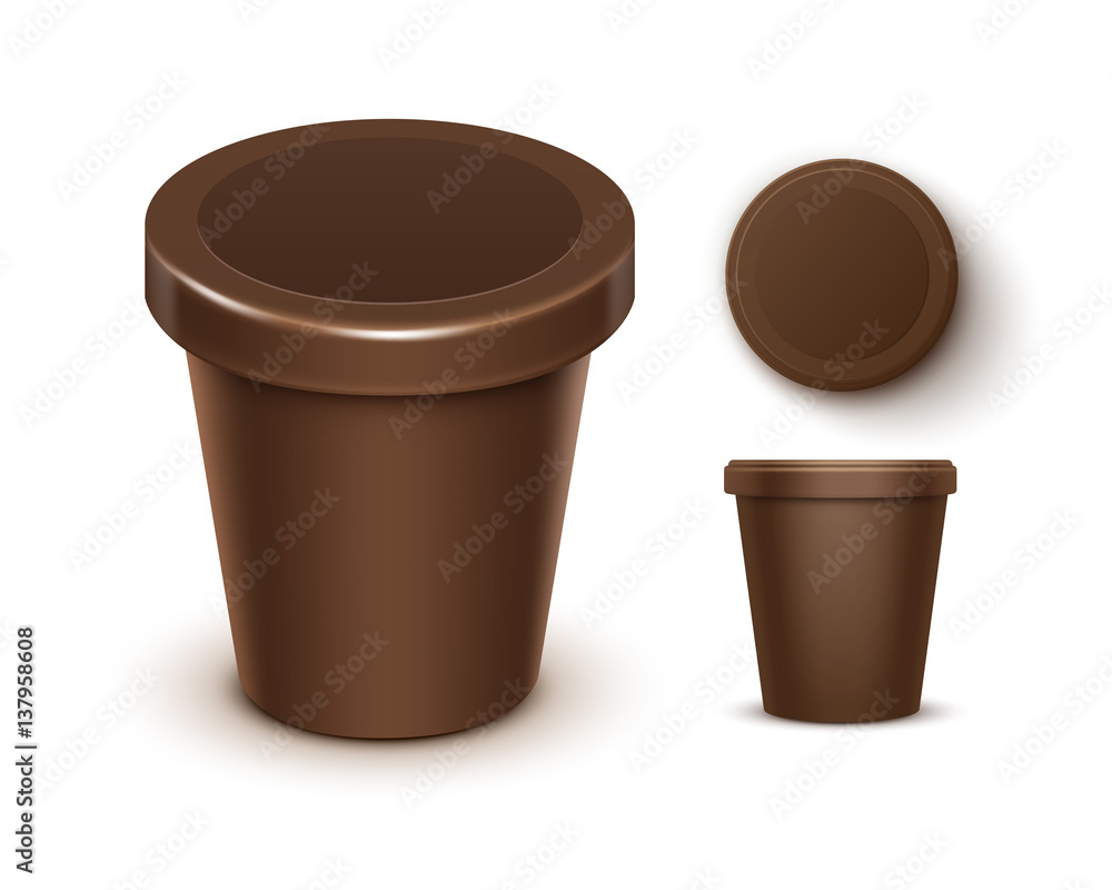 Vector Set of Brown Blank Food Plastic Tub Bucket Container For Chocolate Dessert, Yogurt, Ice Cream with Label for Package Design Mock Up Close up Top Side View Isolated on White Background Vector Set of Brown Blank Food Plastic Tub Bucket Container For Chocolate Dessert, Yogurt, Ice Cream with Label for Package Design Mock Up Close up Top Side View Isolated on White Background