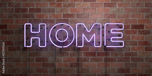 HOME - fluorescent Neon tube Sign on brickwork - Front view - 3D rendered royalty free stock picture. Can be used for online banner ads and direct mailers..