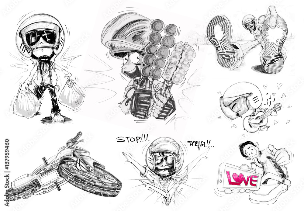 Biker cartoon character acting and big bike Stock Illustration Adobe