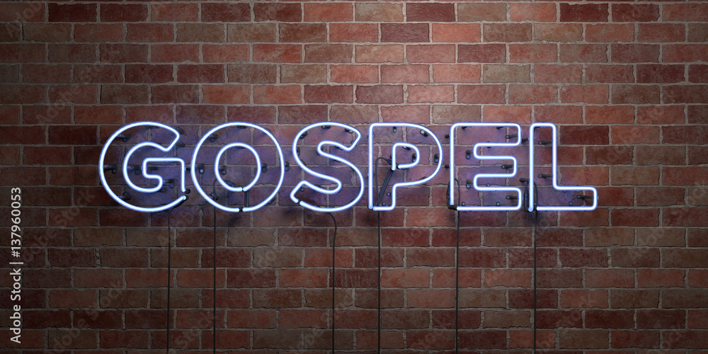 Obraz premium GOSPEL - fluorescent Neon tube Sign on brickwork - Front view - 3D rendered royalty free stock picture. Can be used for online banner ads and direct mailers..