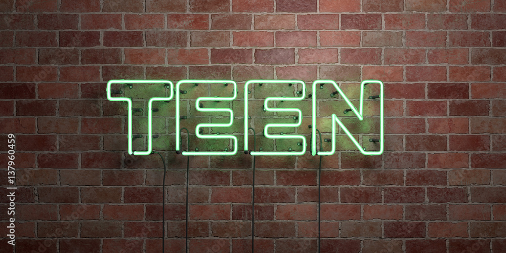 TEEN - fluorescent Neon tube Sign on brickwork - Front view - 3D rendered royalty free stock picture. Can be used for online banner ads and direct mailers.. TEEN - fluorescent Neon tube Sign on brickwork - Front view - 3D rendered royalty free stock picture. Can be used for online banner ads and direct mailers..