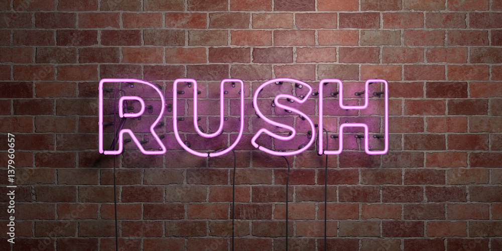 Obraz premium RUSH - fluorescent Neon tube Sign on brickwork - Front view - 3D rendered royalty free stock picture. Can be used for online banner ads and direct mailers..