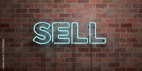 SELL - fluorescent Neon tube Sign on brickwork - Front view - 3D rendered royalty free stock picture. Can be used for online banner ads and direct mailers.. photo