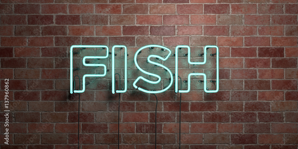 Obraz premium FISH - fluorescent Neon tube Sign on brickwork - Front view - 3D rendered royalty free stock picture. Can be used for online banner ads and direct mailers..