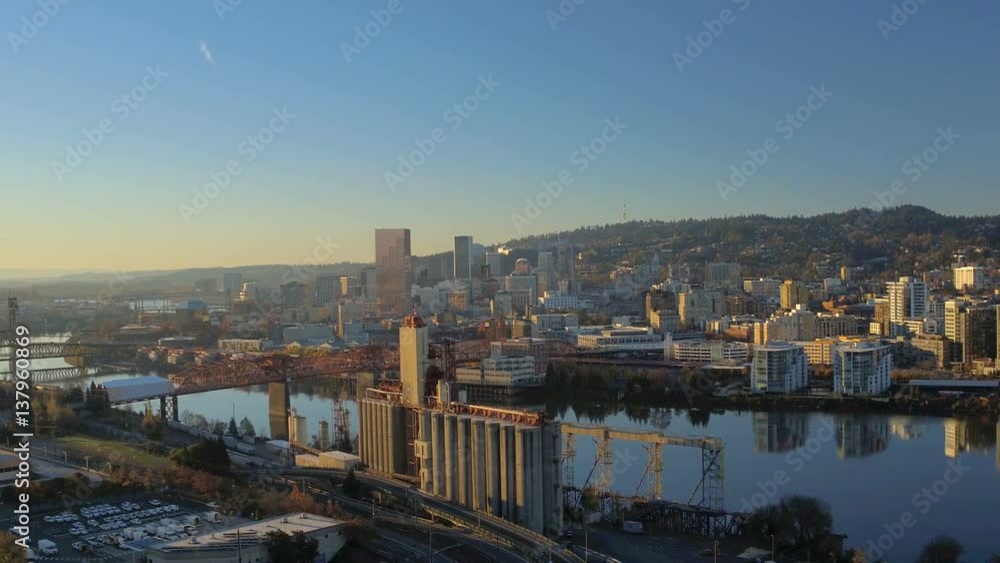 Portland Aerial v67 Flying low over eastside panning with cityscape bridge views at sunrise. Portland Aerial v67 Flying low over eastside panning with cityscape bridge views at sunrise.