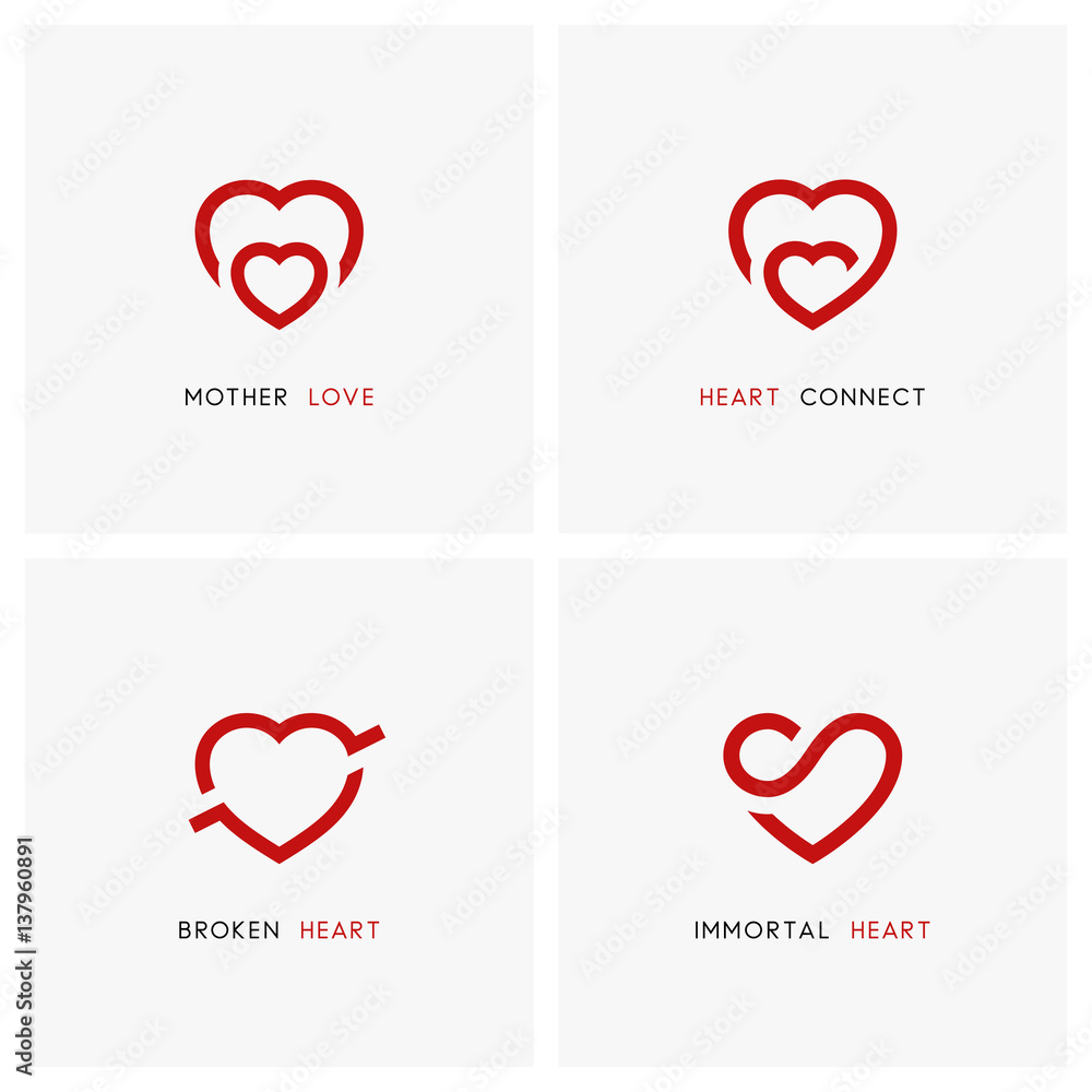 Love vector logo set. Red hearts, mother and child, baby care ...