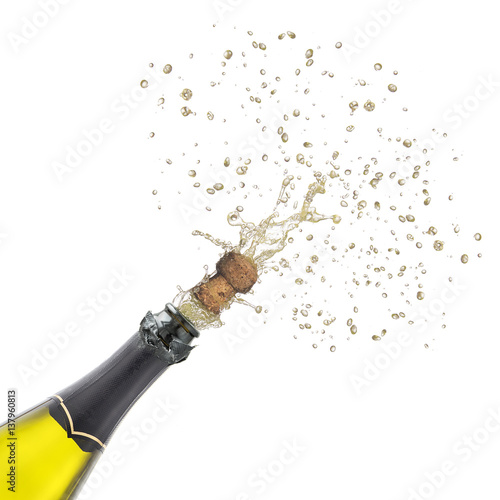 champagne bottle with popping corks isolated