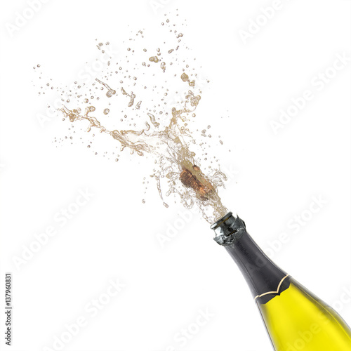 champagne bottle with popping corks isolated on white