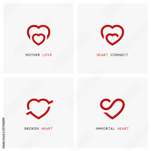 Love vector logo set. Red hearts, mother and child, baby care symbols - family, pregnancy and relationships icons.