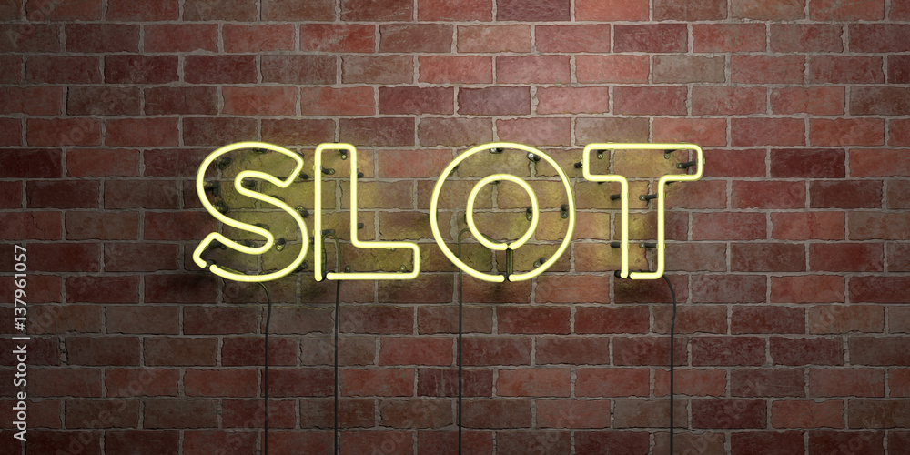 SLOT - fluorescent Neon tube Sign on brickwork - Front view - 3D rendered royalty free stock picture. Can be used for online banner ads and direct mailers.. SLOT - fluorescent Neon tube Sign on brickwork - Front view - 3D rendered royalty free stock picture. Can be used for online banner ads and direct mailers..