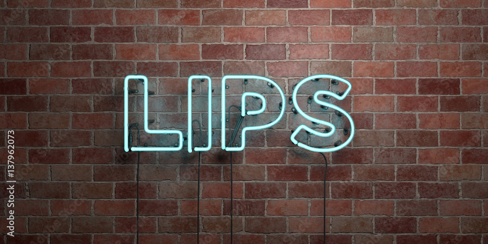 LIPS - fluorescent Neon tube Sign on brickwork - Front view - 3D rendered royalty free stock picture. Can be used for online banner ads and direct mailers.. LIPS - fluorescent Neon tube Sign on brickwork - Front view - 3D rendered royalty free stock picture. Can be used for online banner ads and direct mailers..