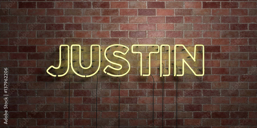 JUSTIN - fluorescent Neon tube Sign on brickwork - Front view - 3D rendered royalty free stock picture. Can be used for online banner ads and direct mailers.. JUSTIN - fluorescent Neon tube Sign on brickwork - Front view - 3D rendered royalty free stock picture. Can be used for online banner ads and direct mailers..