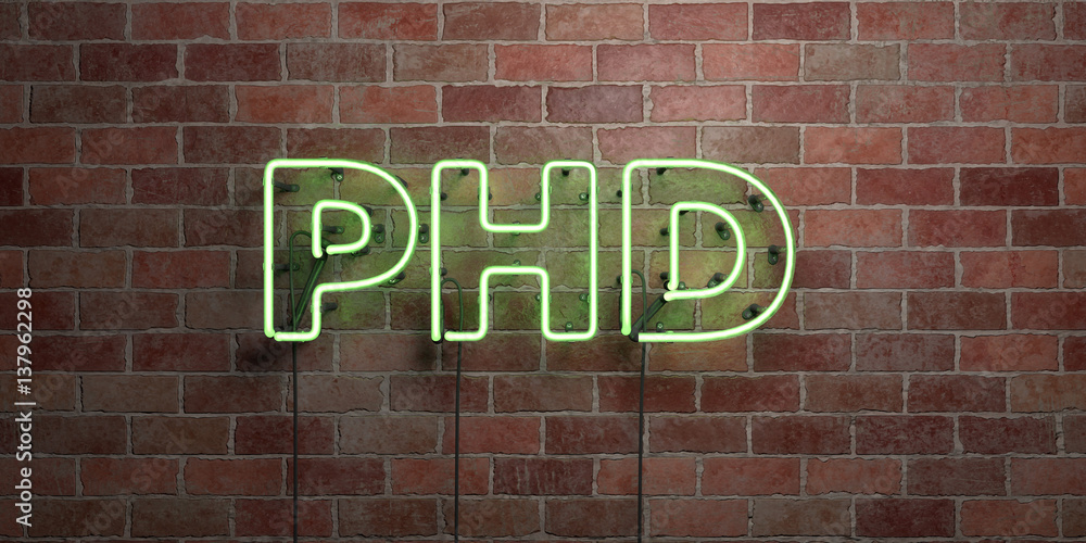 PHD - fluorescent Neon tube Sign on brickwork - Front view - 3D rendered royalty free stock picture. Can be used for online banner ads and direct mailers.. - obrazy, fototapety, plakaty 