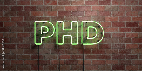 PHD - fluorescent Neon tube Sign on brickwork - Front view - 3D rendered royalty free stock picture. Can be used for online banner ads and direct mailers..