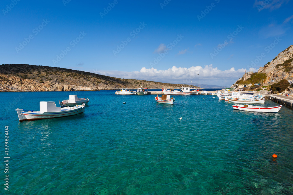Fishing boats in the harbor of Iraklia island in Lesser Cyclades, Greece.