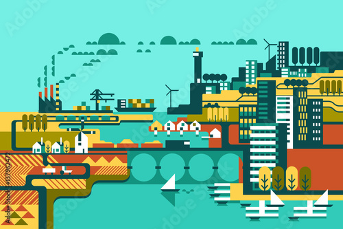 Industrial city. Pixel style illustration.