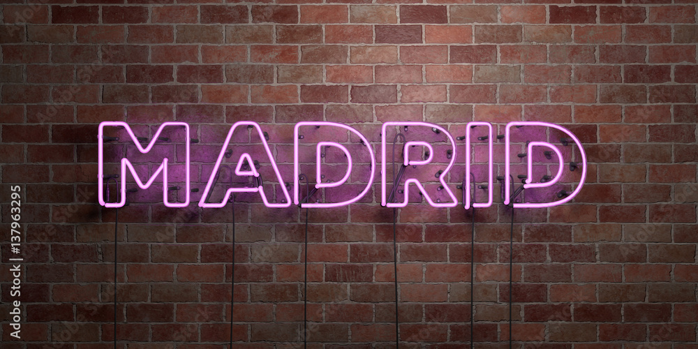 Obraz premium MADRID - fluorescent Neon tube Sign on brickwork - Front view - 3D rendered royalty free stock picture. Can be used for online banner ads and direct mailers..