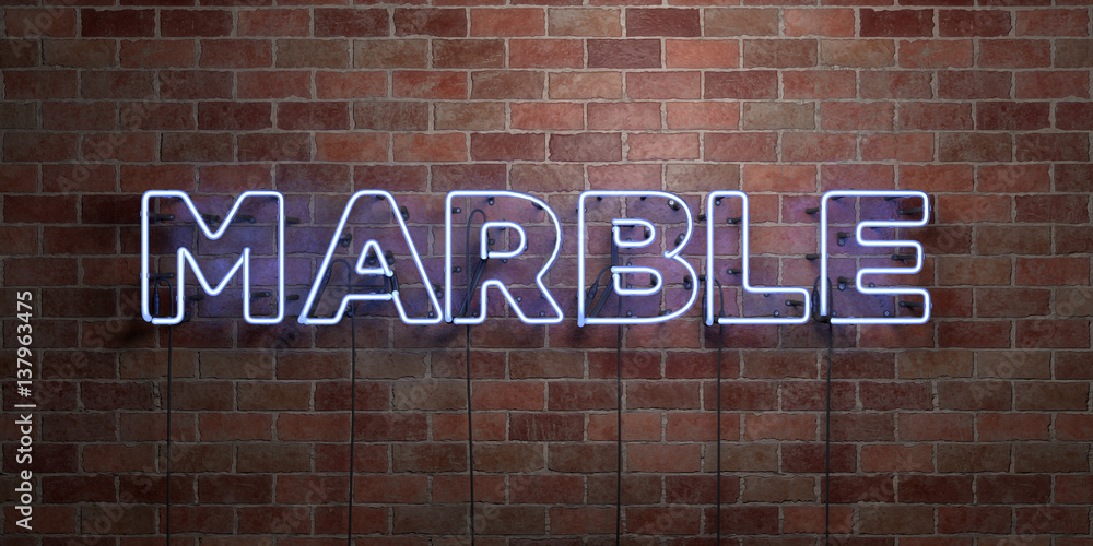 Obraz premium MARBLE - fluorescent Neon tube Sign on brickwork - Front view - 3D rendered royalty free stock picture. Can be used for online banner ads and direct mailers..