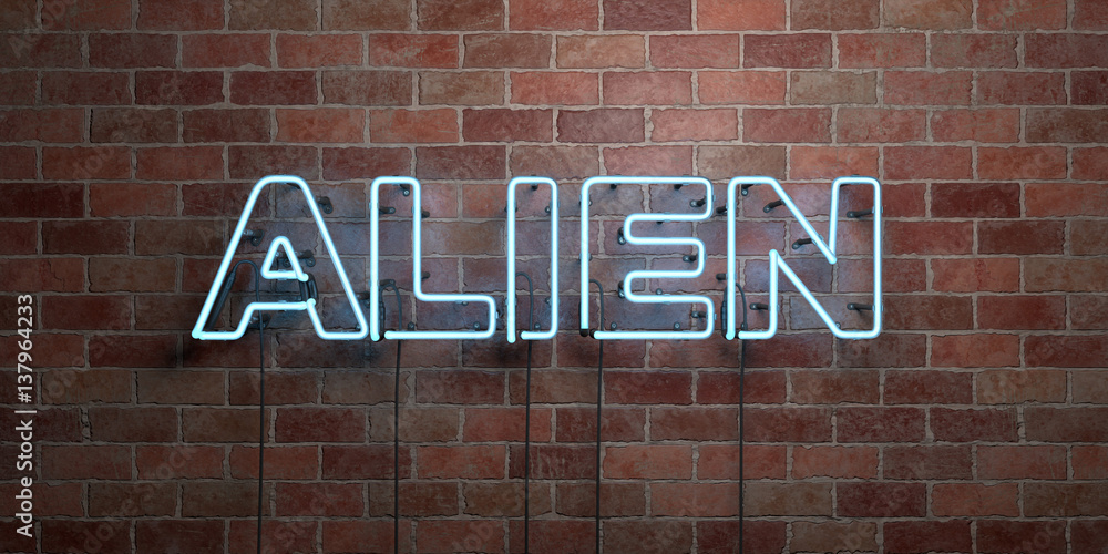 Obraz premium ALIEN - fluorescent Neon tube Sign on brickwork - Front view - 3D rendered royalty free stock picture. Can be used for online banner ads and direct mailers..