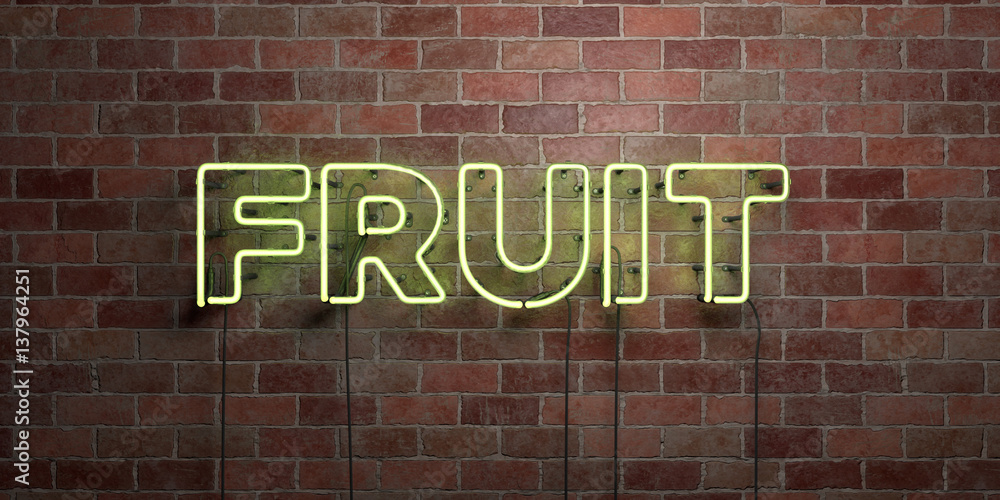 FRUIT - fluorescent Neon tube Sign on brickwork - Front view - 3D rendered royalty free stock picture. Can be used for online banner ads and direct mailers.. FRUIT - fluorescent Neon tube Sign on brickwork - Front view - 3D rendered royalty free stock picture. Can be used for online banner ads and direct mailers..
