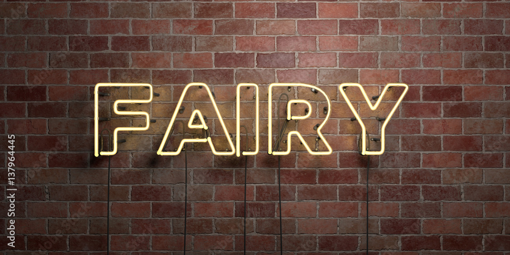 Obraz premium FAIRY - fluorescent Neon tube Sign on brickwork - Front view - 3D rendered royalty free stock picture. Can be used for online banner ads and direct mailers..