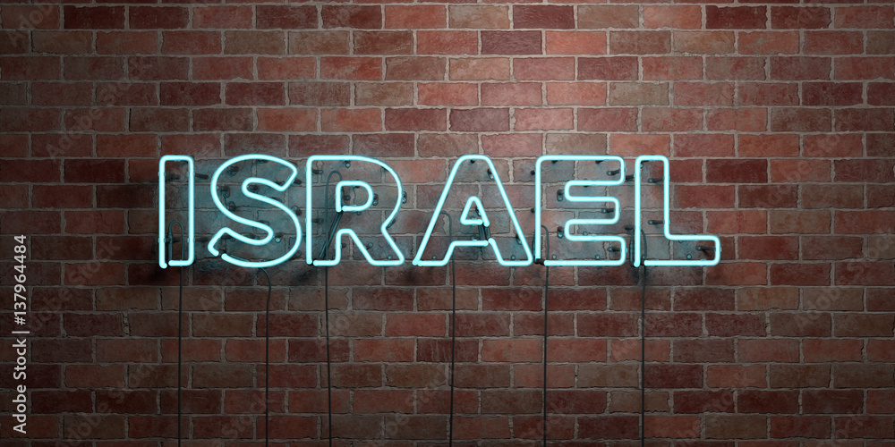 Obraz premium ISRAEL - fluorescent Neon tube Sign on brickwork - Front view - 3D rendered royalty free stock picture. Can be used for online banner ads and direct mailers..