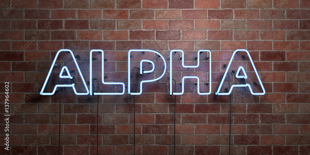 Obraz premium ALPHA - fluorescent Neon tube Sign on brickwork - Front view - 3D rendered royalty free stock picture. Can be used for online banner ads and direct mailers..