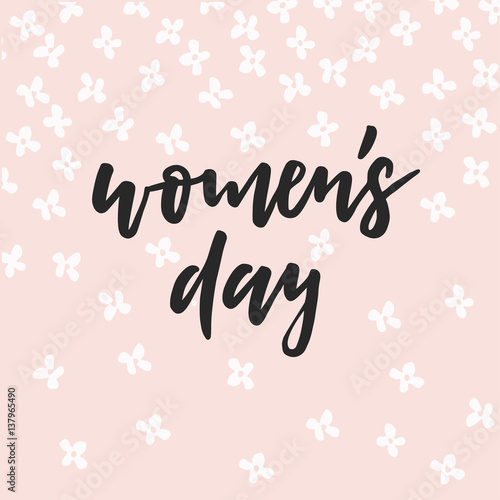 8th March, Womens day greeting card, invitation with hand lettered text, white flowers and pink background. Vector illustration.