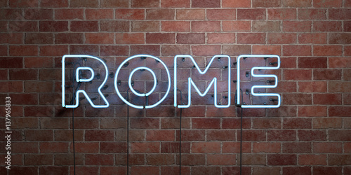 ROME - fluorescent Neon tube Sign on brickwork - Front view - 3D rendered royalty free stock picture. Can be used for online banner ads and direct mailers..