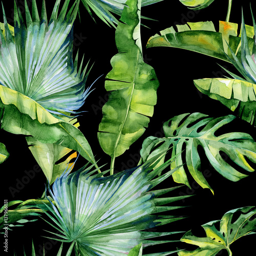 Seamless watercolor illustration of tropical leaves, dense jungle. Pattern wi...