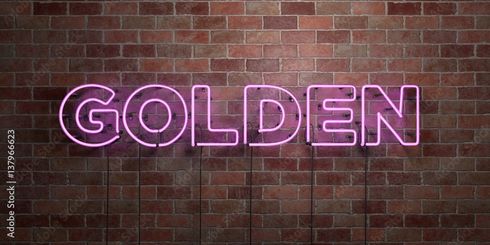 Fototapeta premium GOLDEN - fluorescent Neon tube Sign on brickwork - Front view - 3D rendered royalty free stock picture. Can be used for online banner ads and direct mailers..