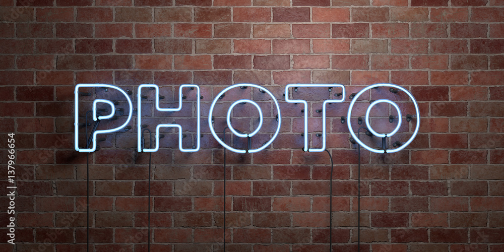 Fototapeta premium PHOTO - fluorescent Neon tube Sign on brickwork - Front view - 3D rendered royalty free stock picture. Can be used for online banner ads and direct mailers..