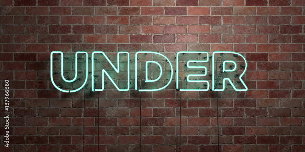 UNDER - fluorescent Neon tube Sign on brickwork - Front view - 3D rendered royalty free stock picture. Can be used for online banner ads and direct mailers.. UNDER - fluorescent Neon tube Sign on brickwork - Front view - 3D rendered royalty free stock picture. Can be used for online banner ads and direct mailers..