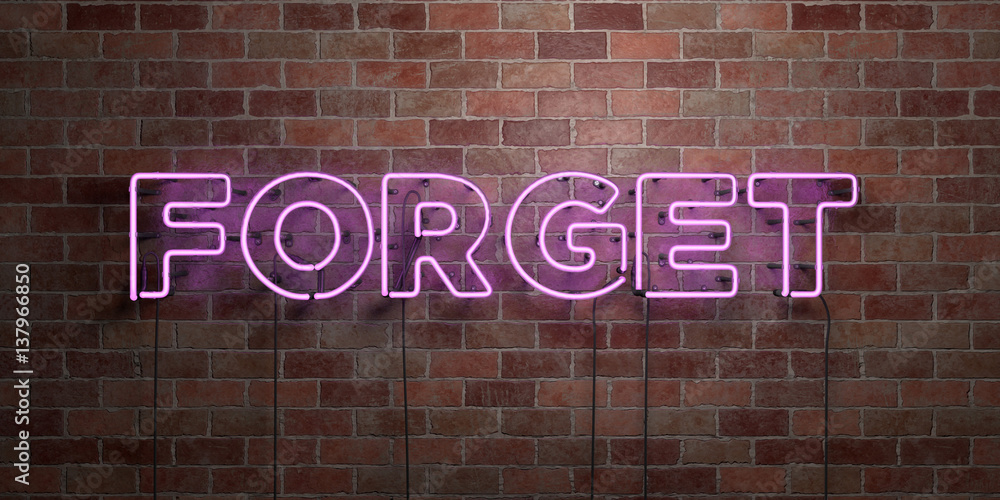 Fototapeta premium FORGET - fluorescent Neon tube Sign on brickwork - Front view - 3D rendered royalty free stock picture. Can be used for online banner ads and direct mailers..