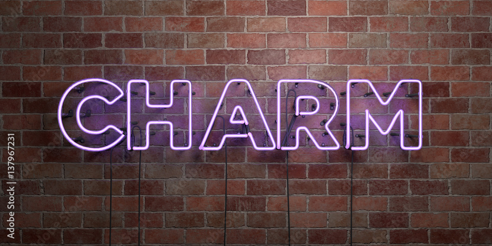 Obraz premium CHARM - fluorescent Neon tube Sign on brickwork - Front view - 3D rendered royalty free stock picture. Can be used for online banner ads and direct mailers..