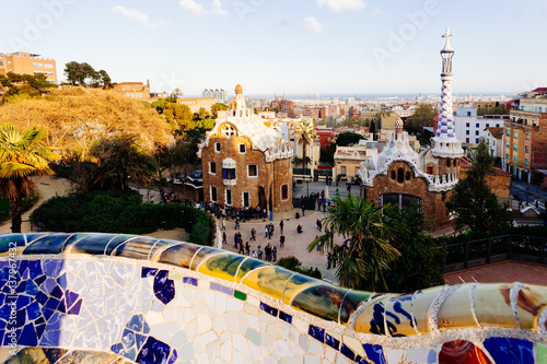 Barcelona, Spain. Park Guell and cityscape at sunset