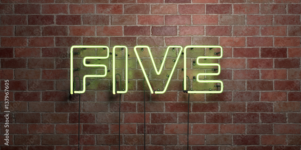 Obraz premium FIVE - fluorescent Neon tube Sign on brickwork - Front view - 3D rendered royalty free stock picture. Can be used for online banner ads and direct mailers..