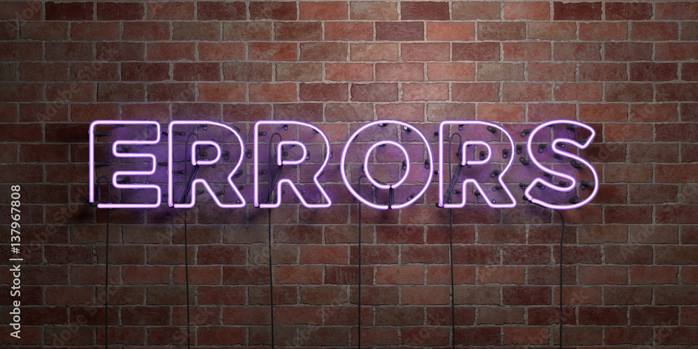 ERRORS - fluorescent Neon tube Sign on brickwork - Front view - 3D rendered royalty free stock picture. Can be used for online banner ads and direct mailers.. ERRORS - fluorescent Neon tube Sign on brickwork - Front view - 3D rendered royalty free stock picture. Can be used for online banner ads and direct mailers..