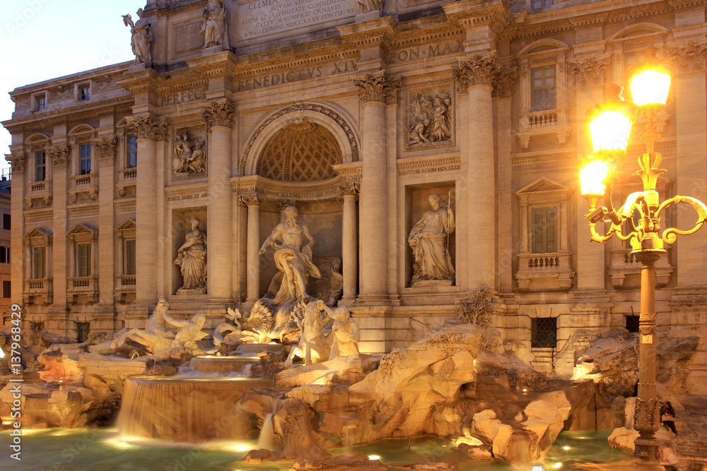 The famous Trevi Fountain in Rome at dusk, Italy, Europe