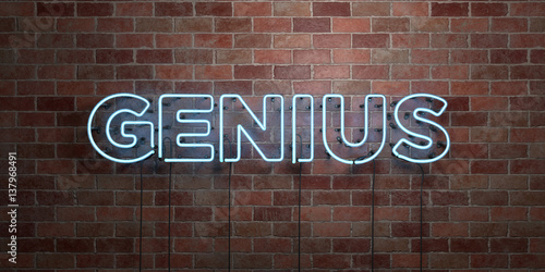 GENIUS - fluorescent Neon tube Sign on brickwork - Front view - 3D rendered royalty free stock picture. Can be used for online banner ads and direct mailers..