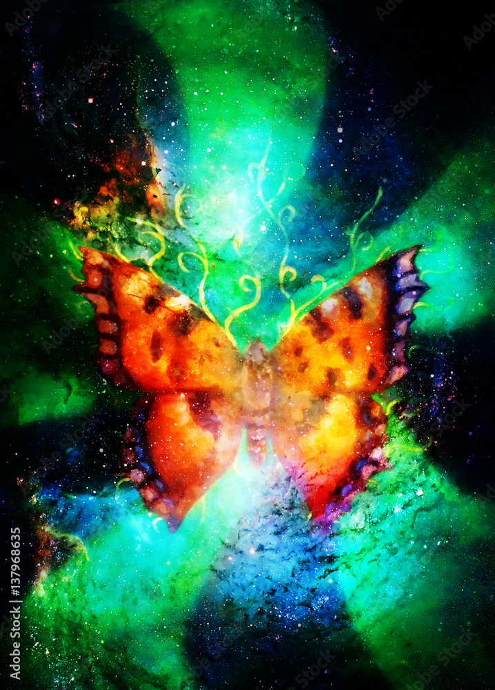 Fototapeta premium flying butterfly in cosmic space. Painting with graphic design.
