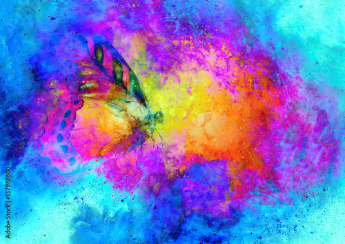 flying butterfly in cosmic space. Painting with graphic design.