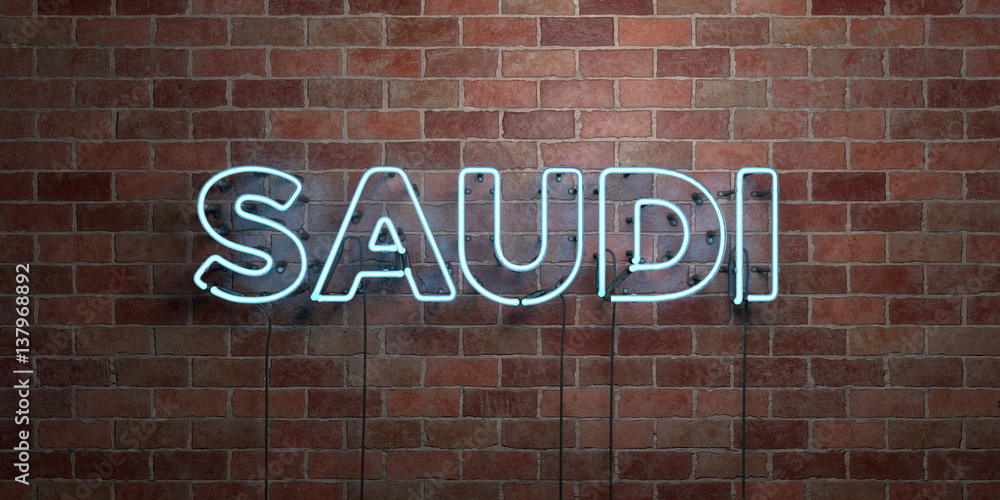 SAUDI - fluorescent Neon tube Sign on brickwork - Front view - 3D rendered royalty free stock picture. Can be used for online banner ads and direct mailers.. SAUDI - fluorescent Neon tube Sign on brickwork - Front view - 3D rendered royalty free stock picture. Can be used for online banner ads and direct mailers..