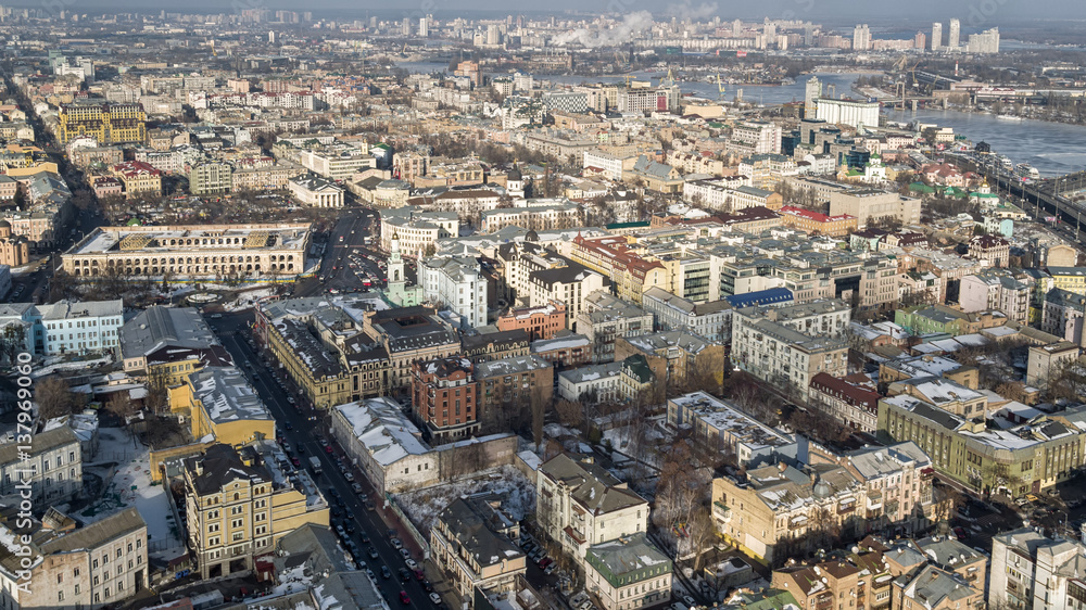 Aerial shot of the city with unmanned Kiev Ukraine